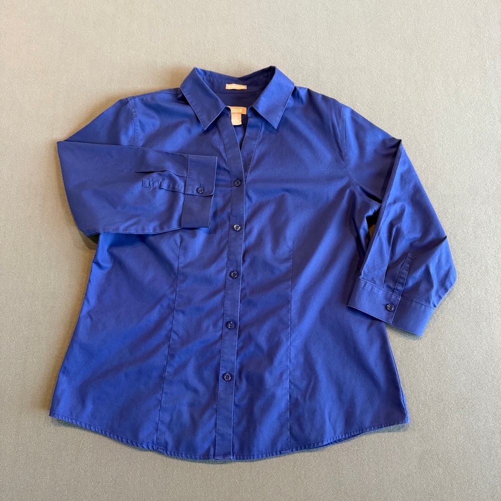 Chicos Blue Wrinkle Resistant Button Down Shirt 3/4 Sleeve Cotton Top Size 1 M